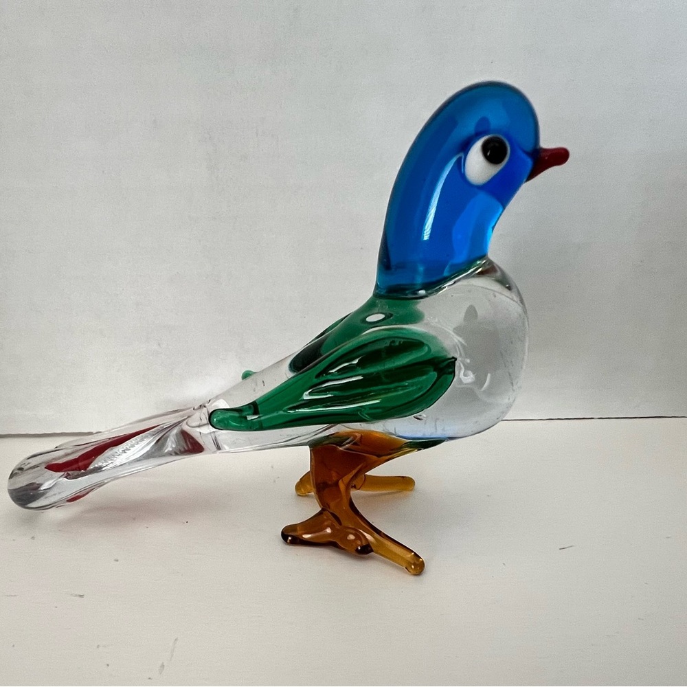 Colorful Glass Bird Figurine Blue/Red/Green/Brown FLAW: Tail tip roughness